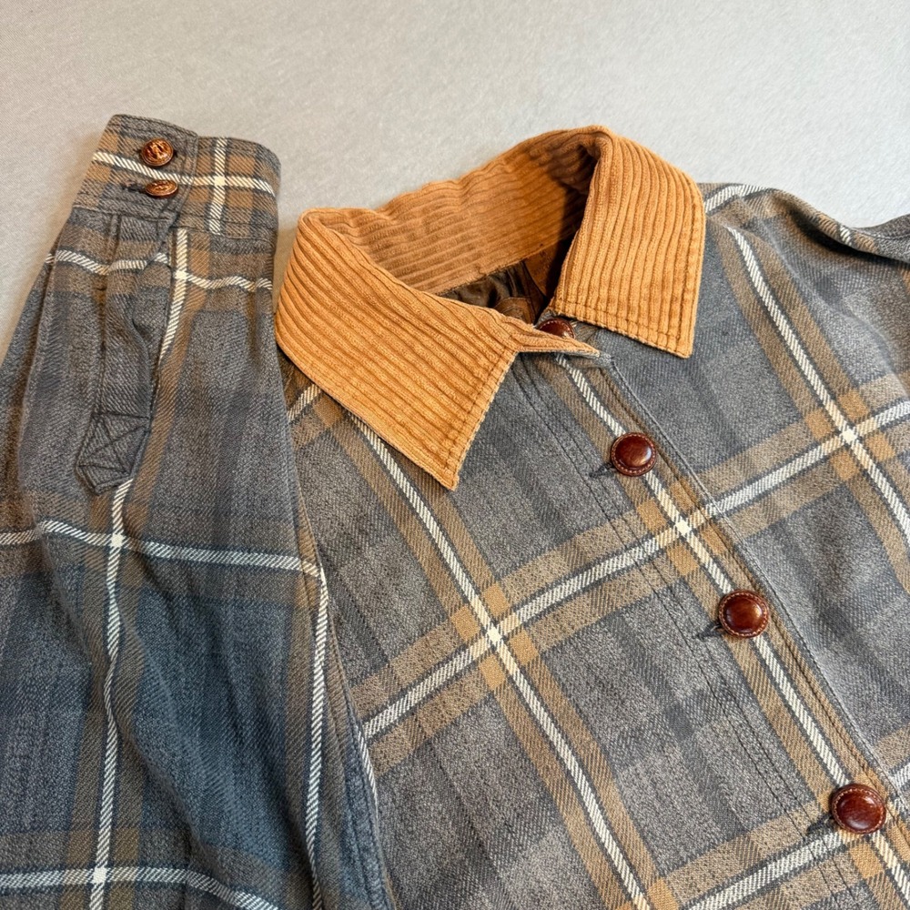 VTG Krazy Kat Women's Tan Plaid Barn Jacket Corduroy Collar Cotton Size medium